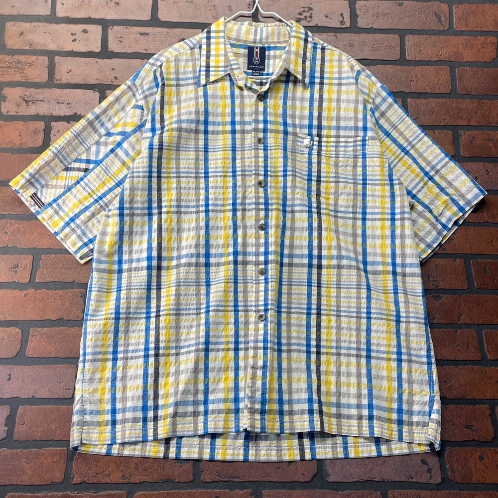 Phat Farm Men's XL 90s Y2K Blue Yellow Gray Plaid Krinkle Shirt Relaxed Fit
